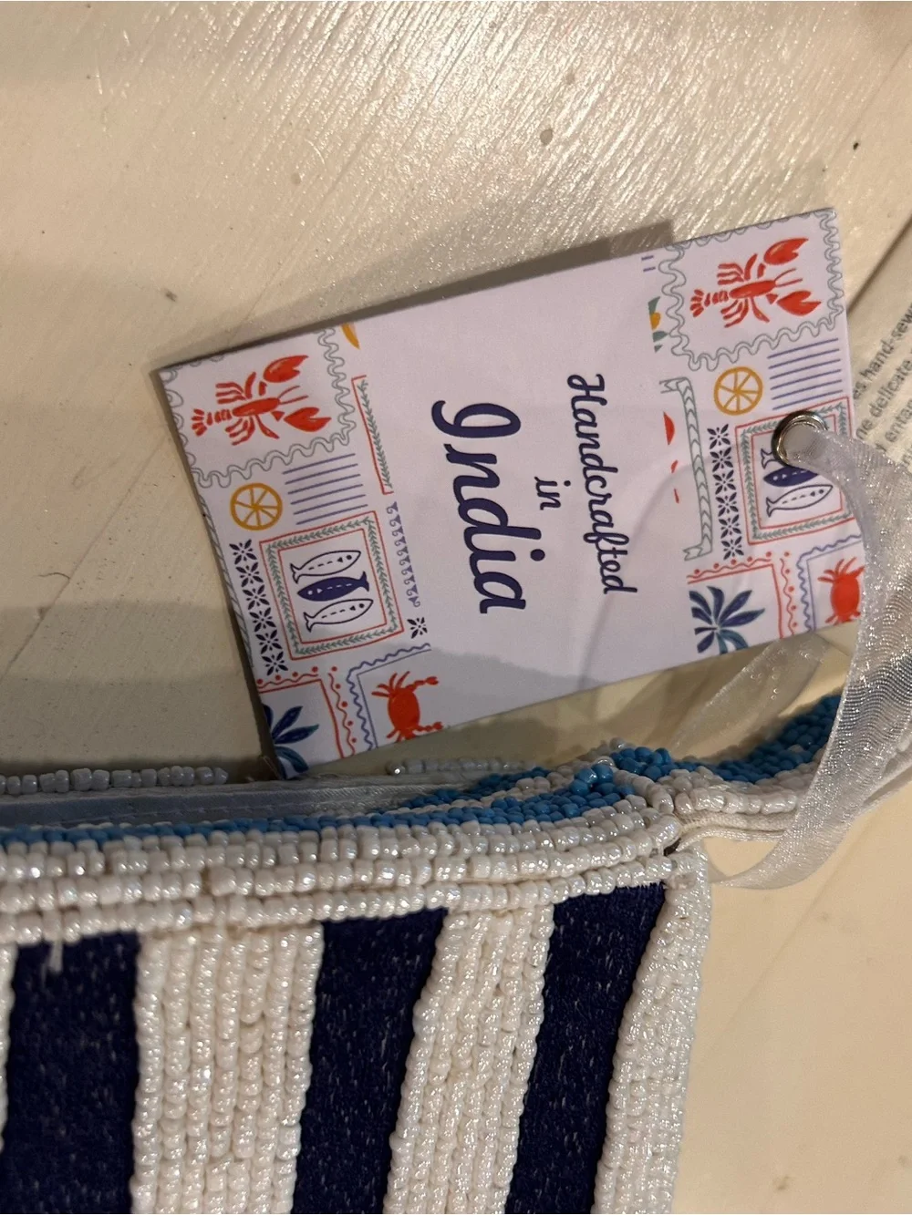 Handbeaded Kids Navy & White Striped Sea Creatures Crossbody Bag NWT